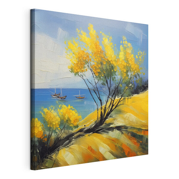 Cuadro en el que se ven un árbol amarillo y unos barcos en el agua Cuadros Cuadro en el que se ven un árbol amarillo y unos barcos en el agua