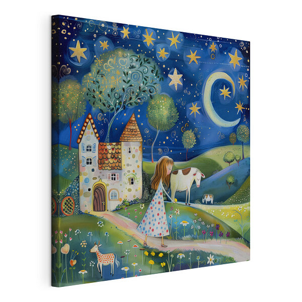 Una niña caminando por un sendero junto a una vaca y una casa Cuadros Una niña caminando por un sendero junto a una vaca y una casa