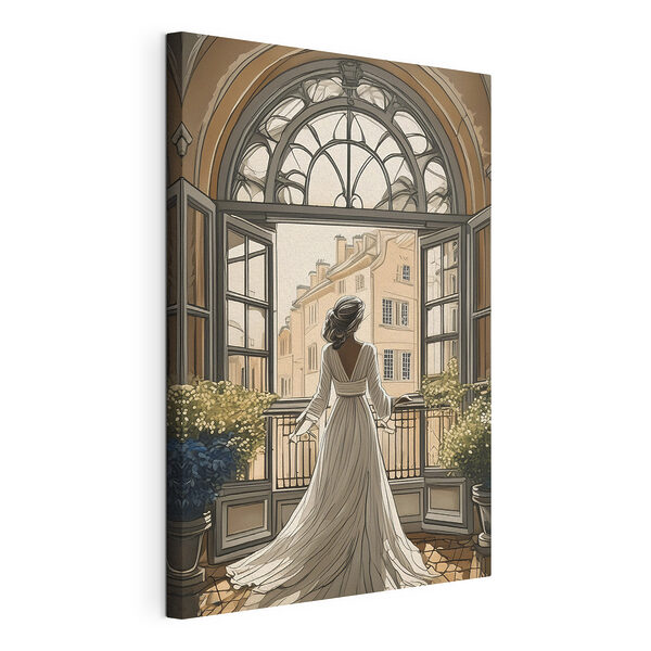 Cuadros Una mujer con un vestido blanco mirando por la ventana