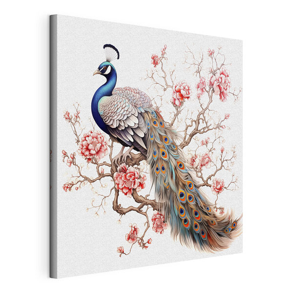 Cuadros Un pavo real en la rama de un árbol con flores rosas (SKU: s39568) Cuadros Cuadros Un pavo real en la rama de un árbol con flores rosas (SKU: s39568)
