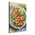 Cuadros Pintura en acuarela de un plato de gambas y aguacate