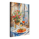 Cuadros Pintura en acuarela de una mesa con comida y flores
