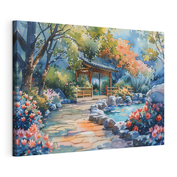 Pintura en acuarela de un sendero con un puente y árboles Cuadros Pintura en acuarela de un sendero con un puente y árboles