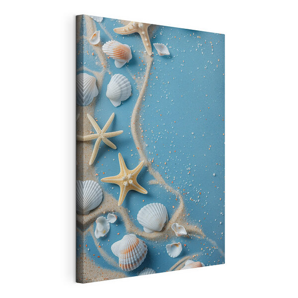 Cuadros Conjunto de conchas y estrellas de mar sobre una superficie azul