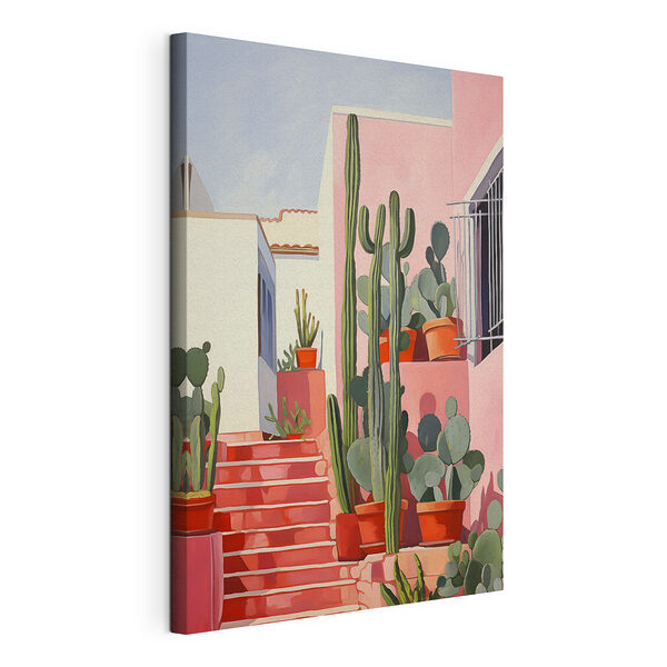 Cuadros Cuadro de una casa rosa con cactus