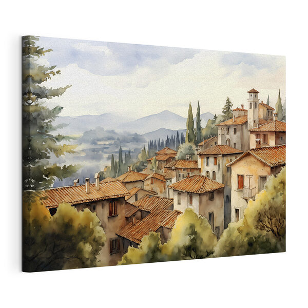 Pintura en acuarela de un pueblo con muchos edificios y árboles Cuadros Pintura en acuarela de un pueblo con muchos edificios y árboles