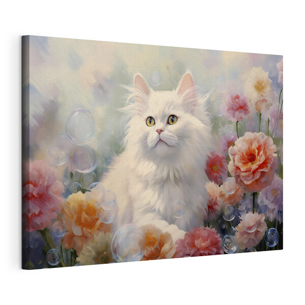 Cuadros Gato blanco rodeado de flores y burbujas