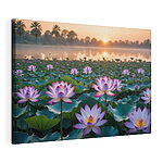 Cuadros Campo de flores moradas con un lago al fondo