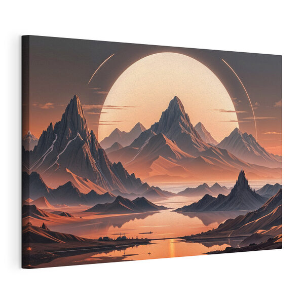 Cuadros Paisaje de montañas y agua con una luna grande