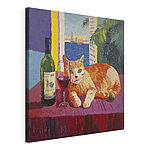 Cuadros Gato tumbado sobre una mesa junto a una botella de vino