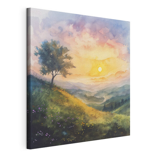Cuadros Cuadro de un paisaje con un árbol y flores