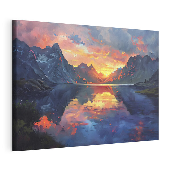 Cuadros Cordillera con un lago y una puesta de sol