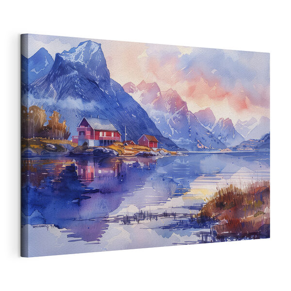 Pintura en acuarela de una casa situada en una colina junto a un lago Cuadros Pintura en acuarela de una casa situada en una colina junto a un lago