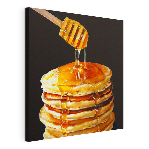 Cuadros Pila de tortitas con miel que gotea de un palito de madera