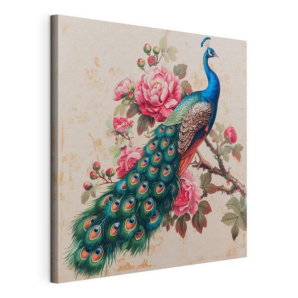 Cuadros Pavo real en una rama con flores
