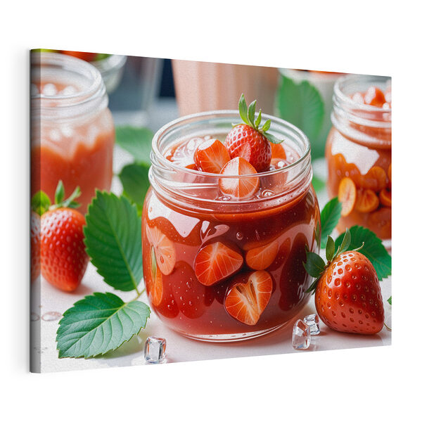 Un tarro con un líquido rojo, fresas y hojas Cuadros Un tarro con un líquido rojo, fresas y hojas