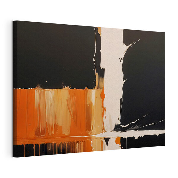 Pintura blanca y naranja que gotea por una superficie negra Cuadros Pintura blanca y naranja que gotea por una superficie negra