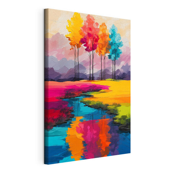Cuadros Cuadro en el que se representa un río que atraviesa un campo de árboles de colores