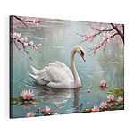 Cuadros Cisne blanco en el agua con flores rosas