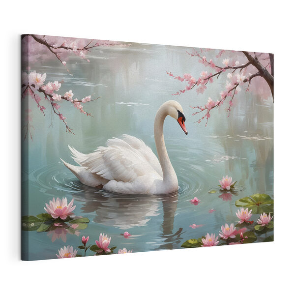 Cuadros Cisne blanco en el agua con flores rosas