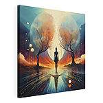 Cuadros Una mujer de pie sobre una superficie reflectante, con árboles y una luna enorme