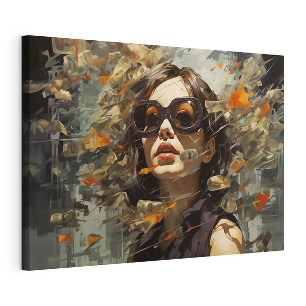 Mujer con gafas de sol y billetes volando Cuadros Mujer con gafas de sol y billetes volando