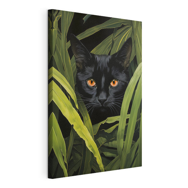 Cuadros Un gato negro con ojos naranjas que se asoma entre unas plantas verdes altas (SKU: s40759) Cuadros Cuadros Un gato negro con ojos naranjas que se asoma entre unas plantas verdes altas (SKU: s40759)