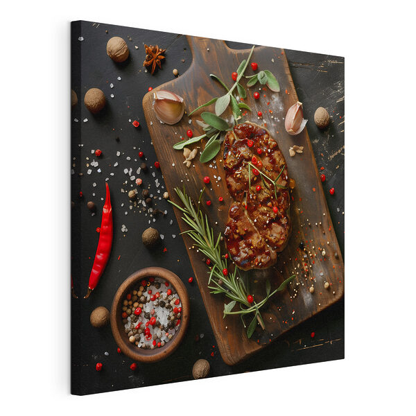 Trozo de carne con especias y hierbas sobre una tabla de cortar Cuadros Trozo de carne con especias y hierbas sobre una tabla de cortar