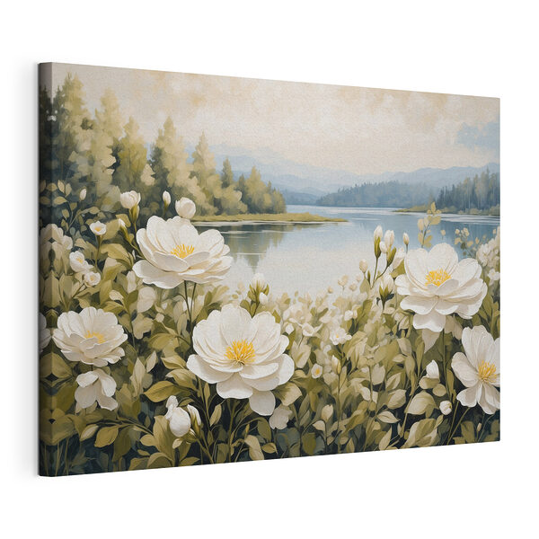 Cuadros Cuadro de flores junto a un lago