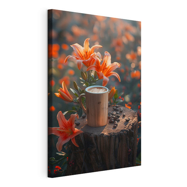 Cuadros Una taza de café sobre un tocón con flores de naranja