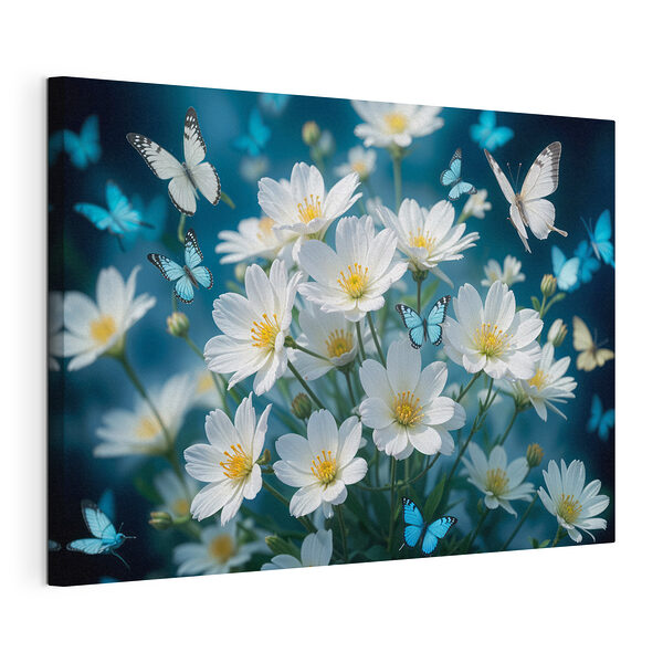 Cuadros Grupo de mariposas revoloteando alrededor de unas flores blancas