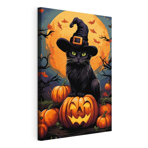 Gato con un sombrero, sentado sobre una calabaza Cuadros Gato con un sombrero, sentado sobre una calabaza