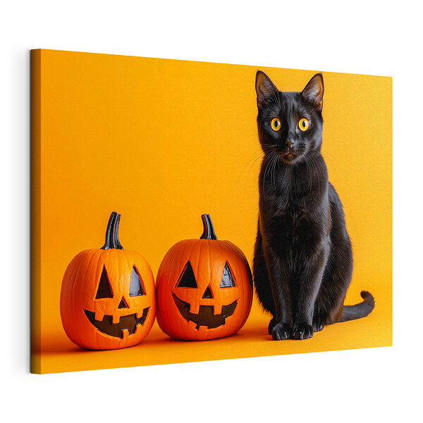 Un gato negro sentado junto a dos calabazas talladas Cuadros Un gato negro sentado junto a dos calabazas talladas