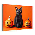 Cuadros Un gato negro sentado junto a dos calabazas