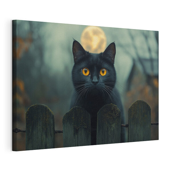 Cuadros Gato negro con ojos amarillos detrás de una valla
