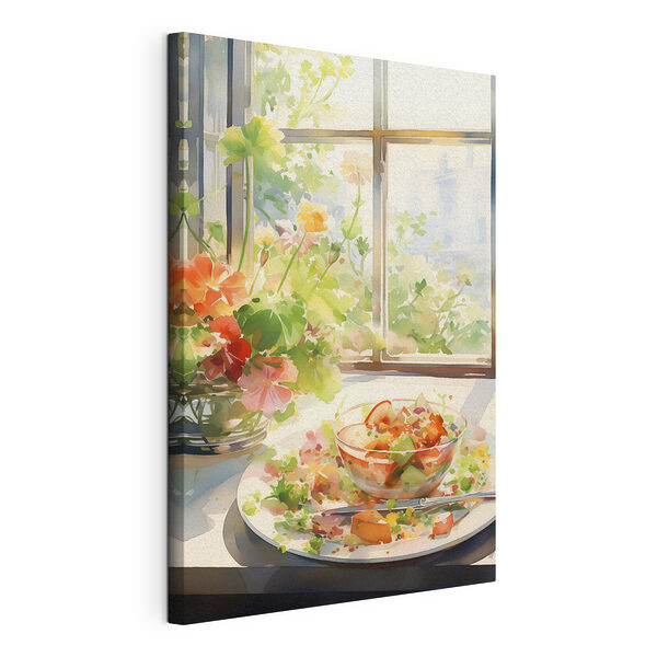 Cuadros Acuarela de un cuenco con comida y flores delante de una ventana