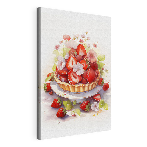Cuadros Acuarela de una tarta con fresas y flores
