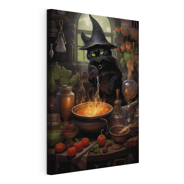 Un gato con un sombrero de persona que está cocinando una olla de comida Cuadros Un gato con un sombrero de persona que está cocinando una olla de comida
