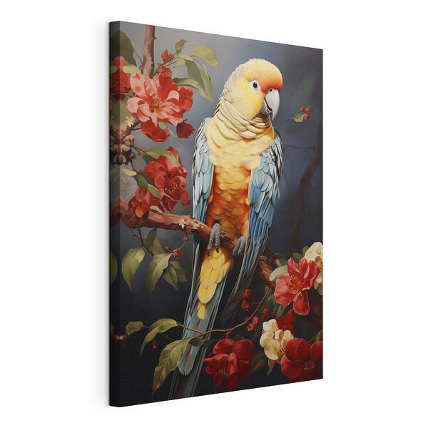 Pájaro de colores posado en una rama con flores Cuadros Pájaro de colores posado en una rama con flores