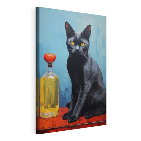 Cuadros Gato negro sentado junto a una botella de líquido