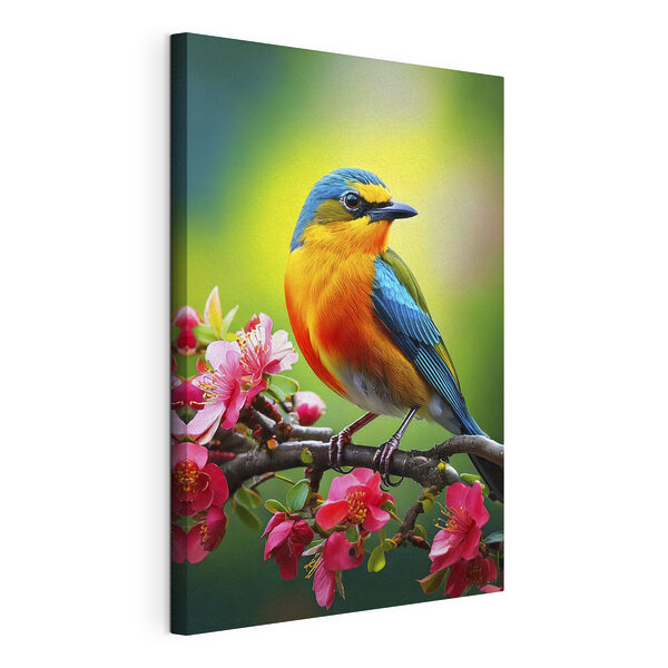 Pájaro de colores en una rama con flores rosas Cuadros Pájaro de colores en una rama con flores rosas