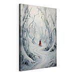 Cuadros Una persona con una capa roja que camina por un bosque nevado
