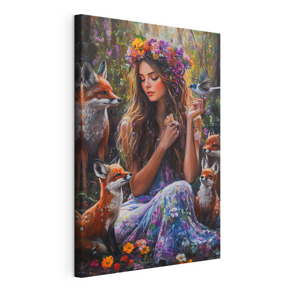 Cuadros Cuadro de una mujer con flores y pájaros en las manos