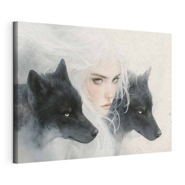 Cuadros Mujer de pelo blanco y dos lobos