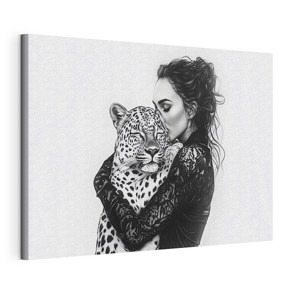 Cuadros Una mujer abrazando a un leopardo