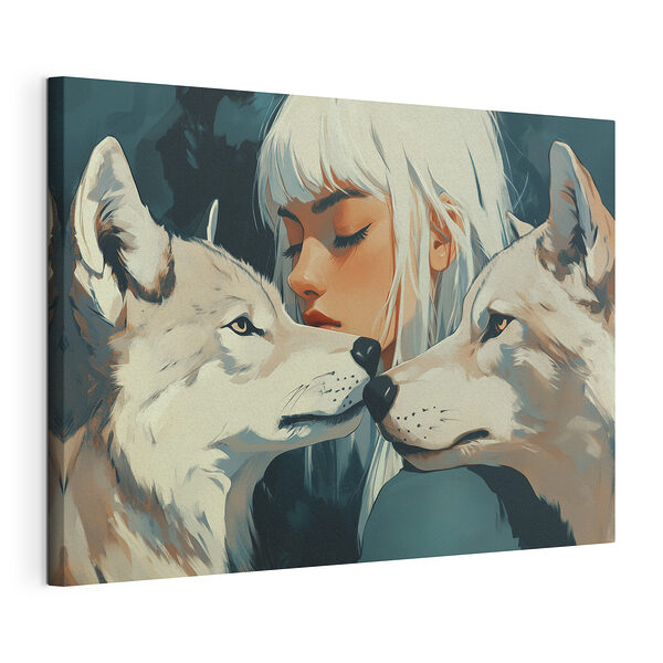 Cuadros Mujer de pelo blanco y dos lobos