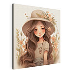 Cuadros Chica de dibujos animados con el pelo largo, que lleva un sombrero y flores