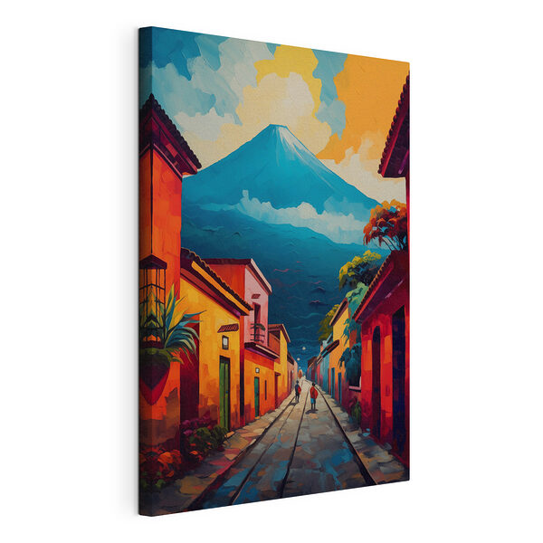 Cuadros Cuadro en el que se representa una calle con edificios y una montaña al fondo