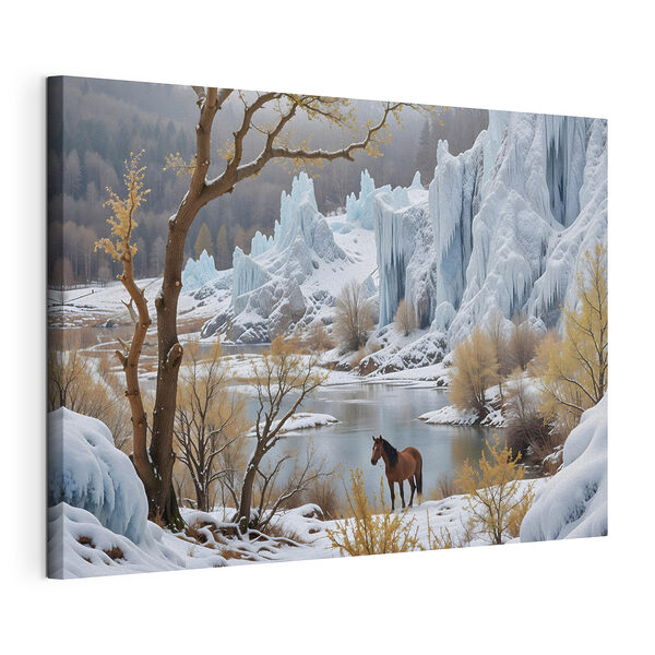 Cuadros Caballo de pie en la nieve junto a una masa de agua