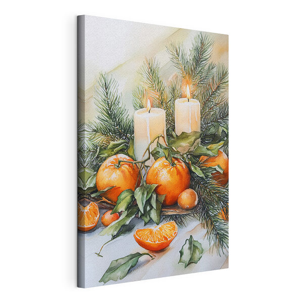 Pintura en acuarela de naranjas y velas sobre una mesa Cuadros Pintura en acuarela de naranjas y velas sobre una mesa